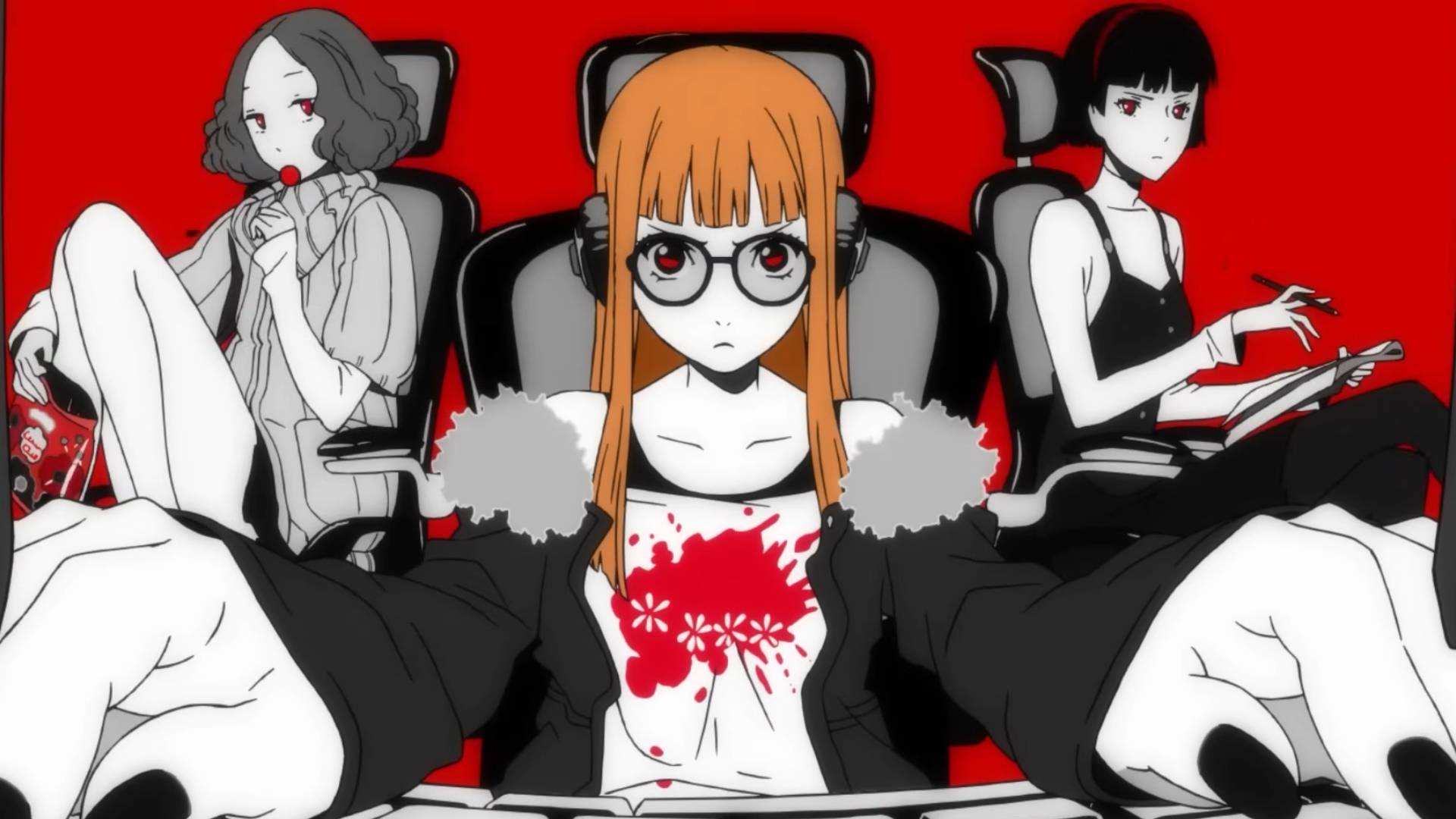 Haru, Futaba, and Makoto seen in the animated opening for Persona 5.
