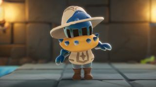 Scramble Knights Online character looks off-camera through large slits in his plate helmet
