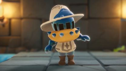 Scramble Knights Online character looks off-camera through large slits in his plate helmet