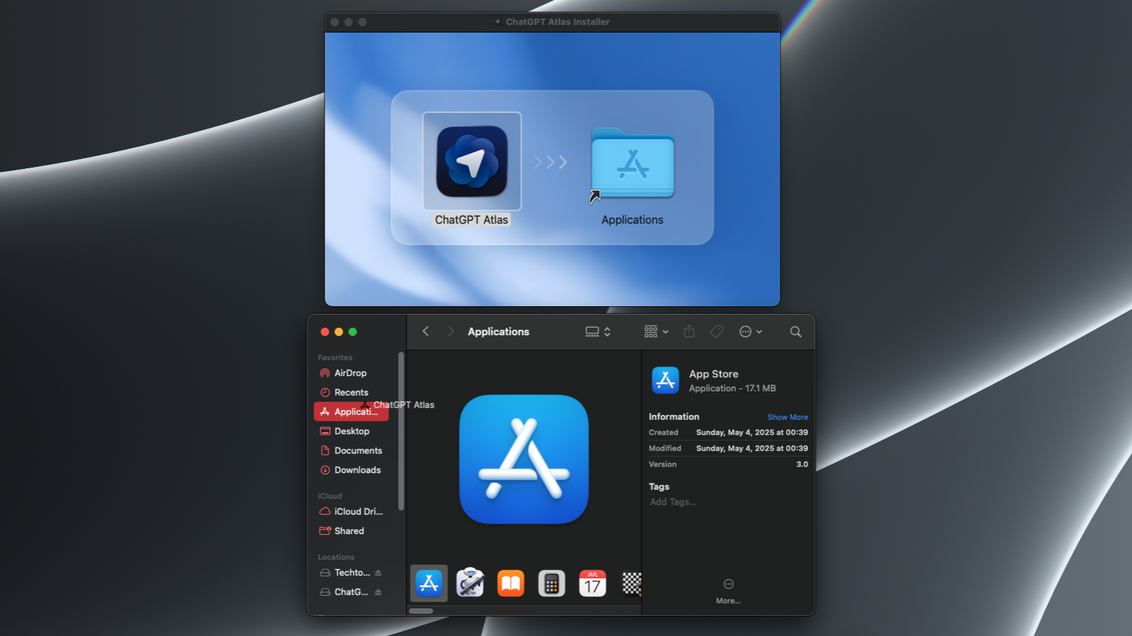 A screenshot showing how to move the ChatGPT Atlas app to your Mac's Applications folder