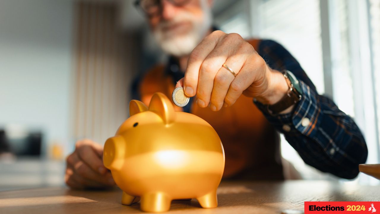 Person putting pension money into gold piggy back