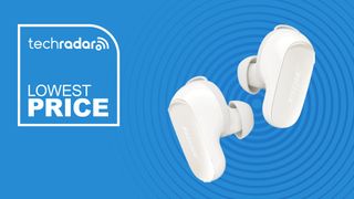 Diamond colour Bose QuietComfort Ultra Earbuds on a blue background with "Lowest Price" text in white.