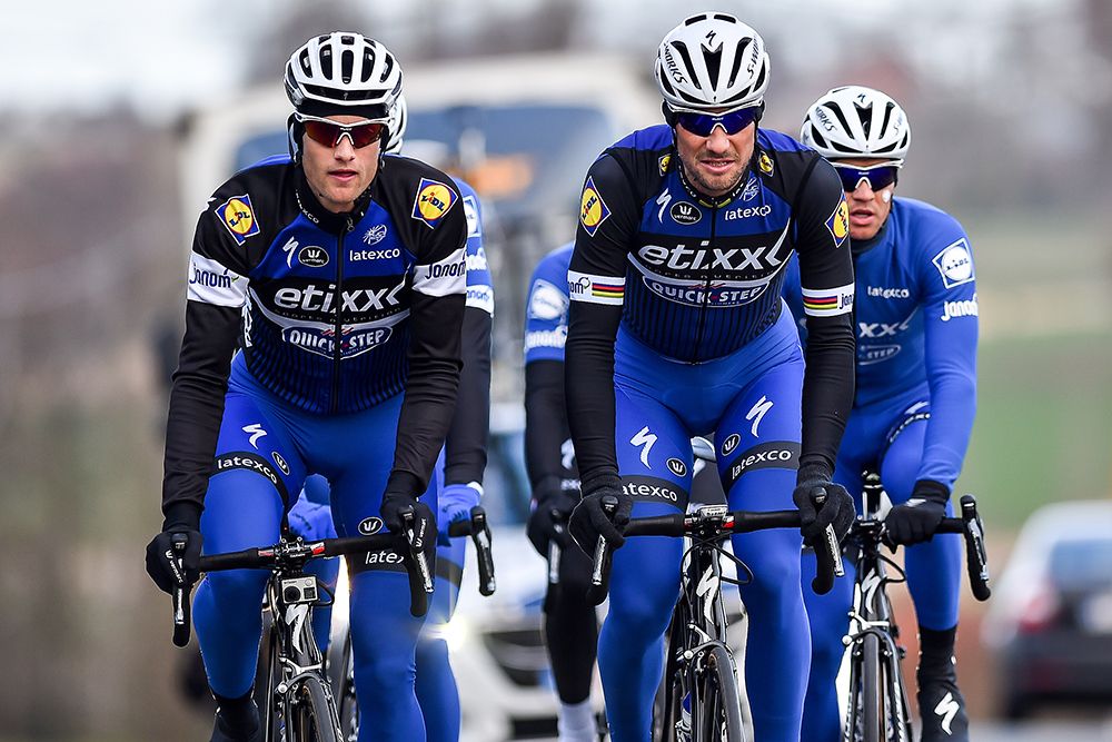 Nikolas Maes and Tom Boonen pre-ride the Tour of Flanders route
