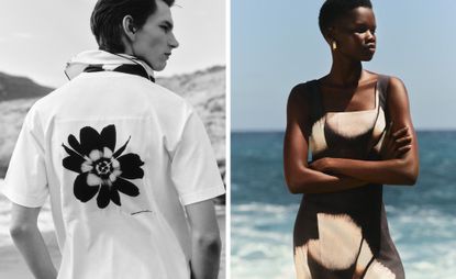 Woman and man wearing COS Stephen Doherty floral collaboration on beach