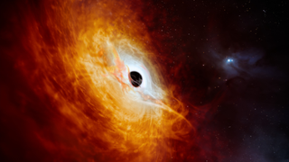 An illustration of the recording-breaker quasar J059-4351, the bright core of a distant galaxy that is powered by a greedy supermassive black hole. 