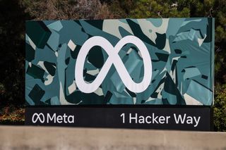 Meta logo outside its HQ offices at 1 Hacker Way, San Francisco
