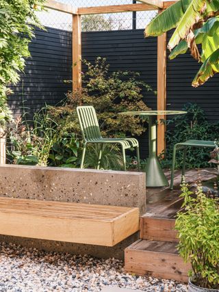 An outdoor bench makes for a space-saving option