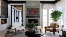 Living room with fireplace and indoor potted tree