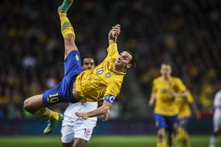 Zlatan Ibrahimovic scores with his iconic bicycle kick for Sweden against England, 2012