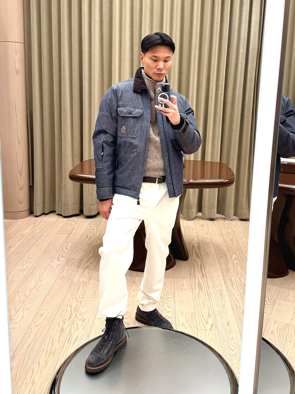 Who What Wear editor in residence Joseph Tang wearing a winter denim jacket.