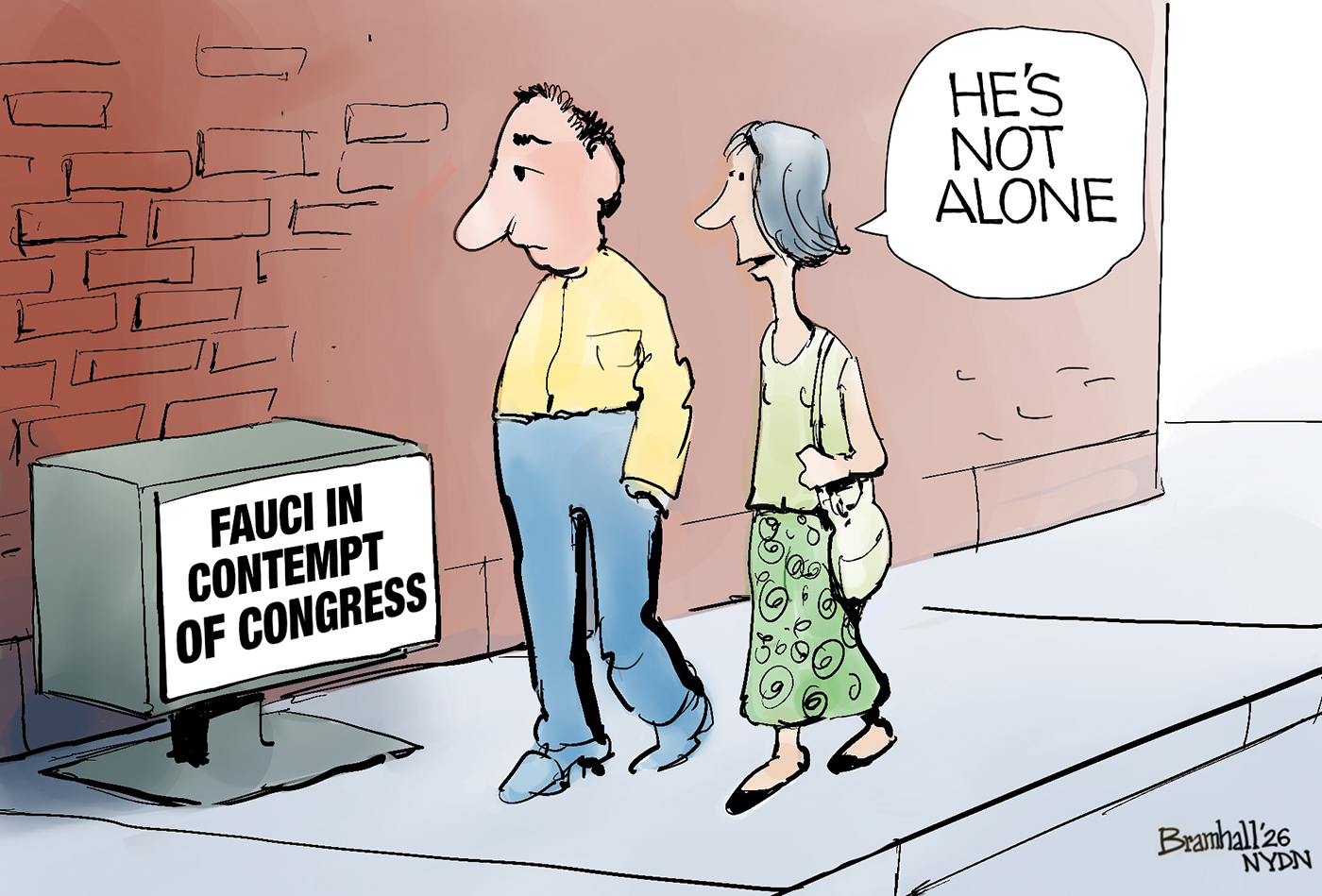 A woman and man walk on a sidewalk past a newspaper box. The headline on the newspaper reads, &amp;ldquo;Fauci in Contempt of Congress.&amp;rdquo; The woman says, &amp;ldquo;He&amp;rsquo;s not alone.&amp;rdquo;