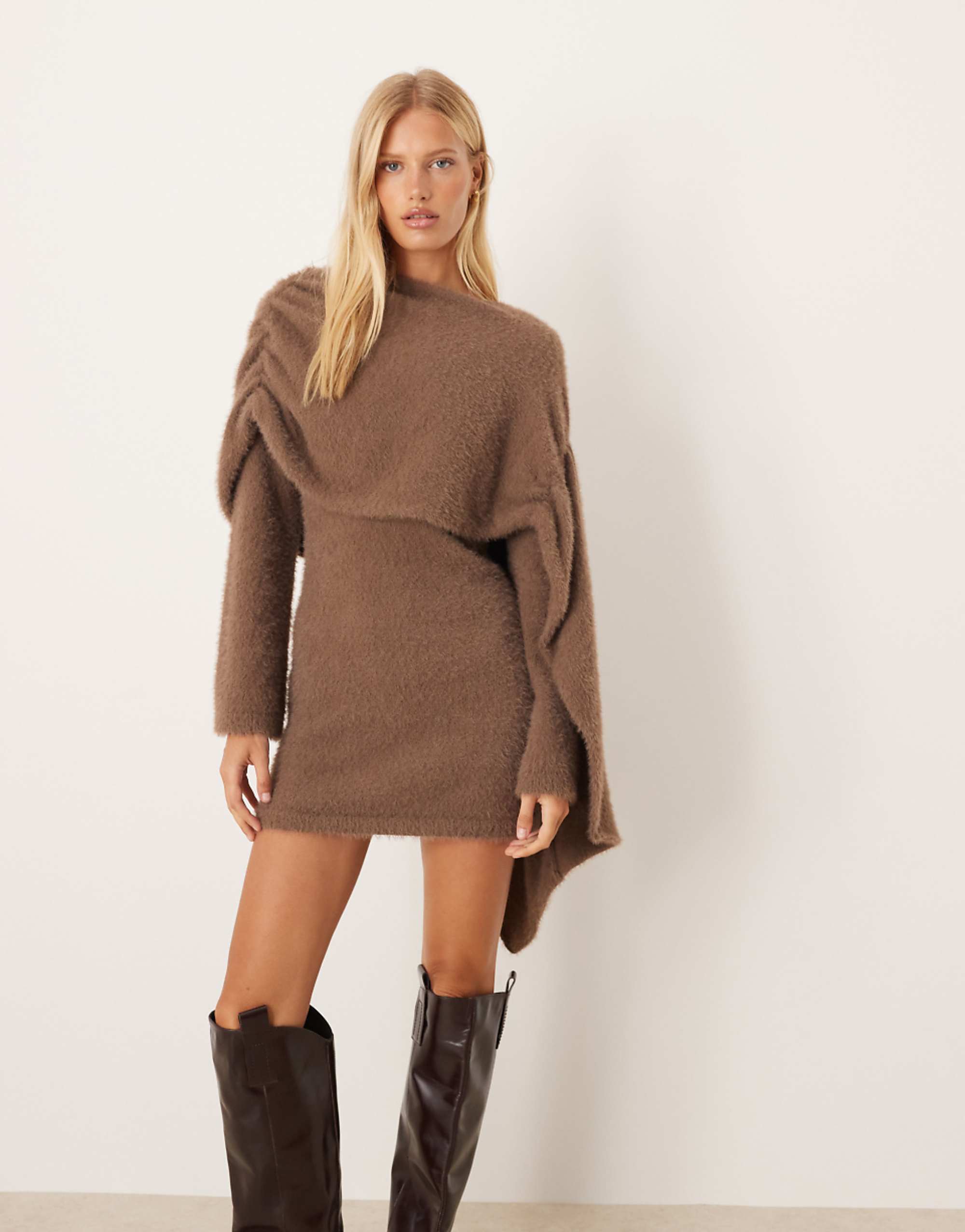Pretty Lavish Drape Knit Mini Dress in Mushroom