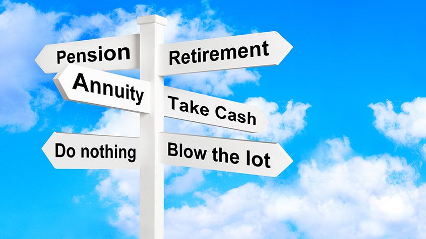 Pensions signpost showing different options, including annuity, do nothing and take cash