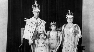 King George VI, Queen Elizabeth, Princess Elizabeth and Princess Margaret on coronation day