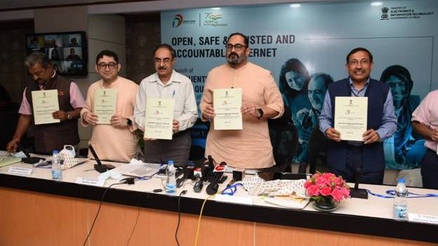 Rajeev Chandrasekhar, Minister of State for Electronics &amp; Information Technology, releasing a FAQs on the new IT rules in India.