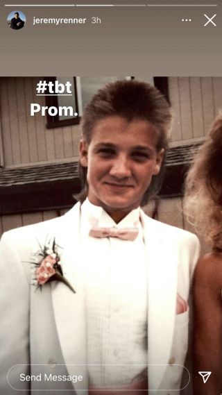 Jeremy Renner with mullet at prom, shared on his Instagram story