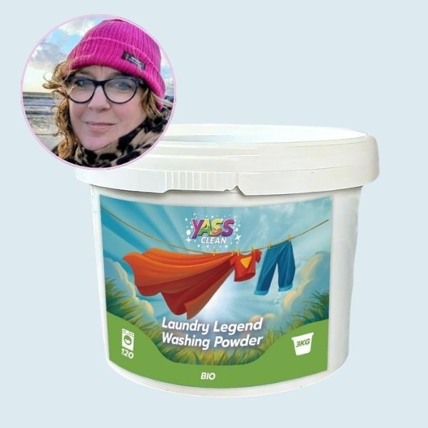 Yass Clean Washing Powder with an inset portrait of the tester