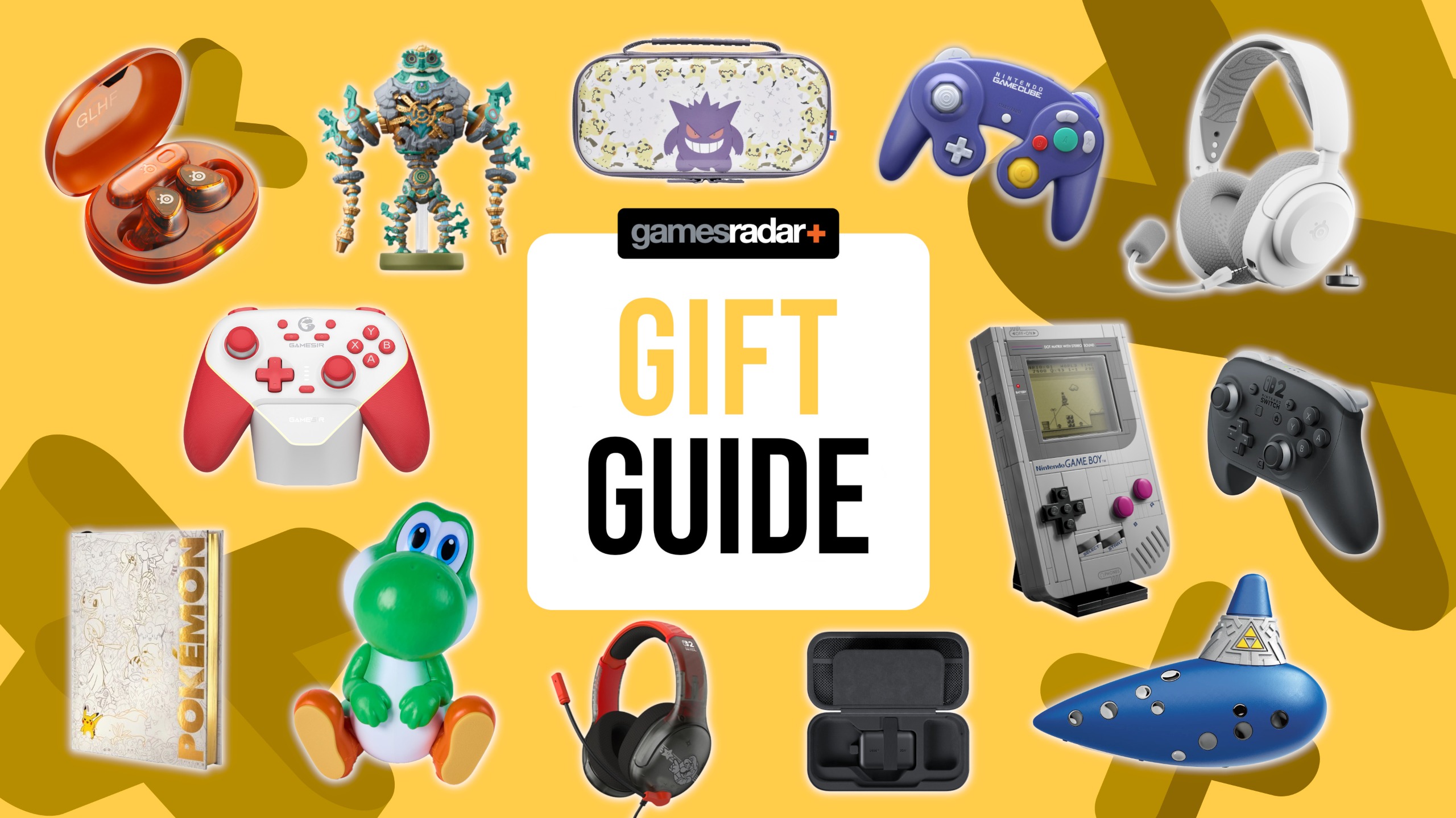 Nintendo Switch 2 accessories on a yellow background with gift guide badge