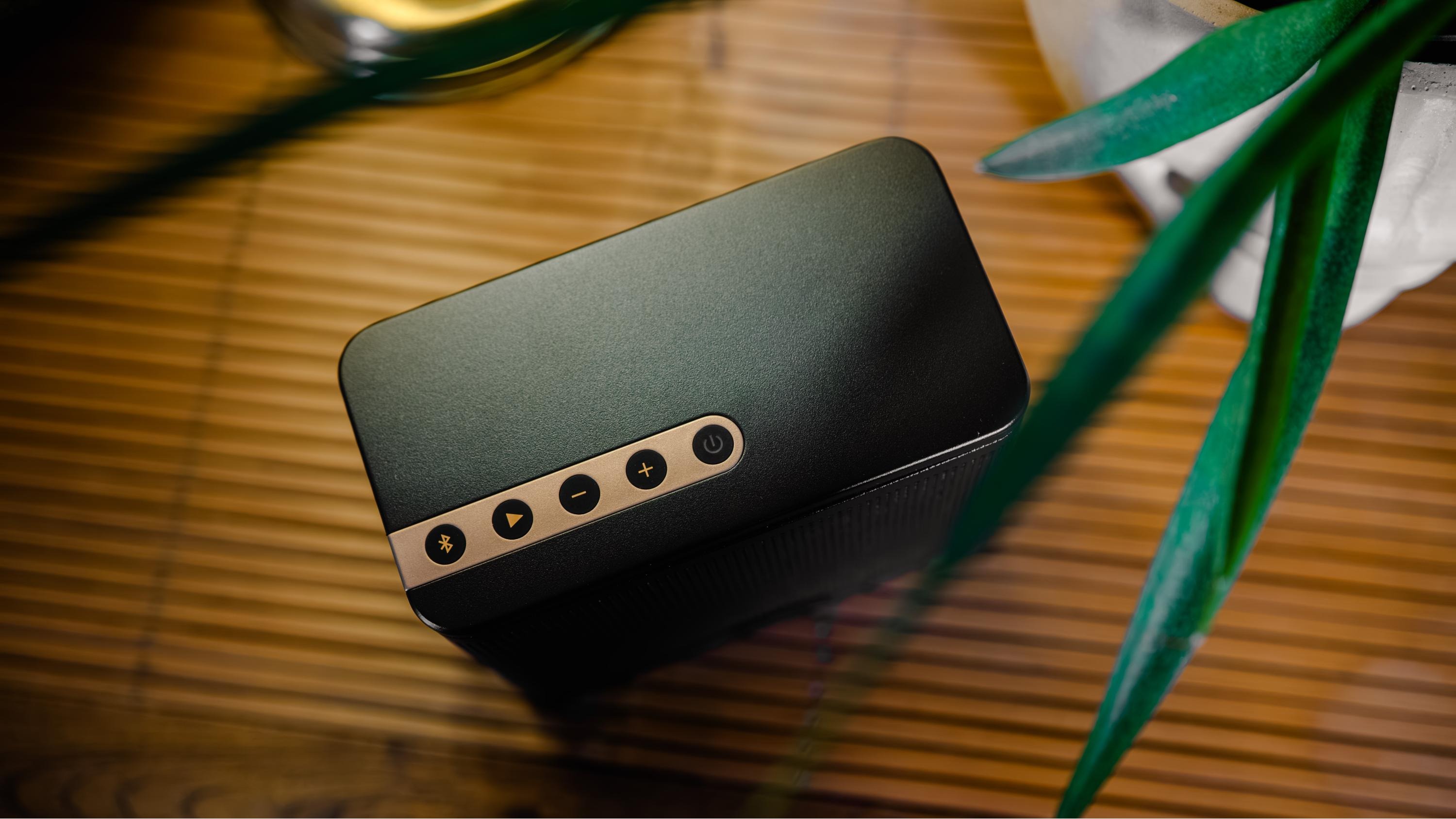 Aerial view of the ELAC Nava100 portable Bluetooth speaker in black