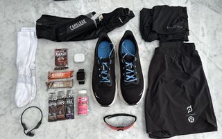 Flat lay of what Ben Alldis will wear and use for the London Marathon 2024