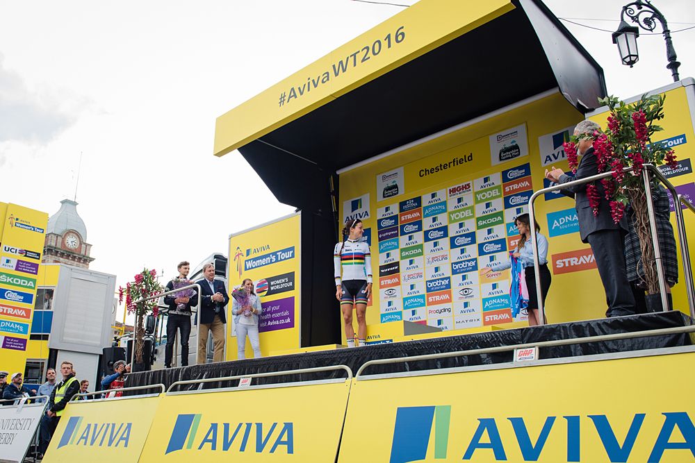 World Champion, Lizzie Armitstead makes her second of three appearances on the podium at Aviva Women's Tour 2016 - Stage 3