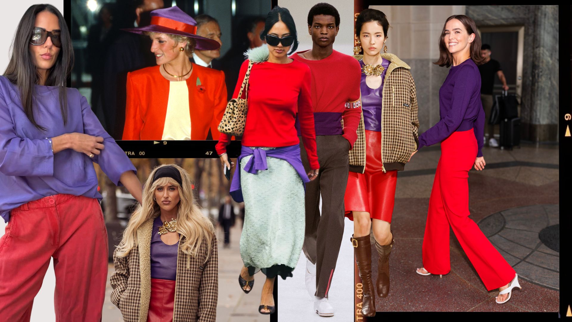 A collage of the key red and purple colour trend.