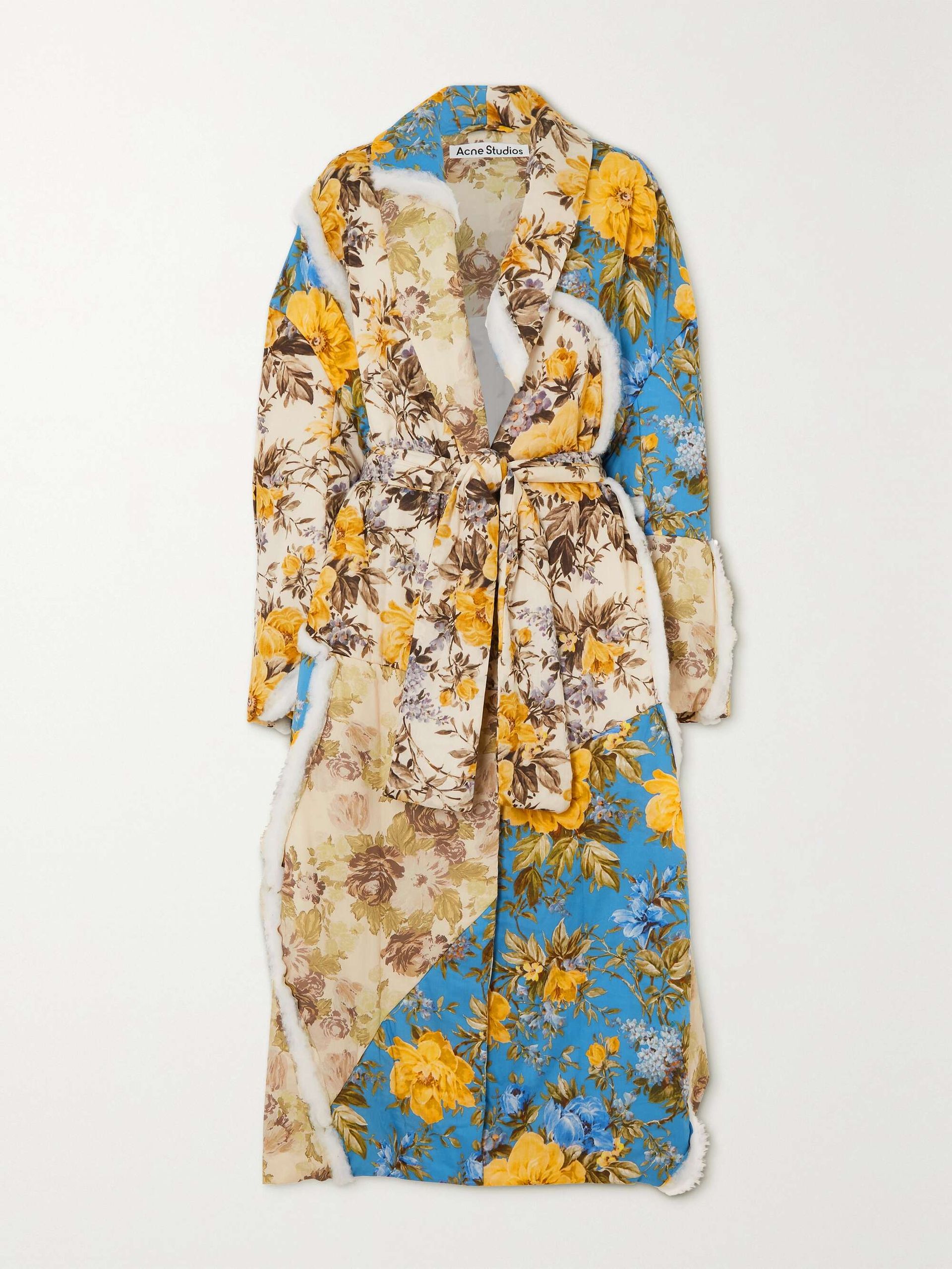 Belted Cotton-Trimmed Floral-Print Cotton-Shell Coat