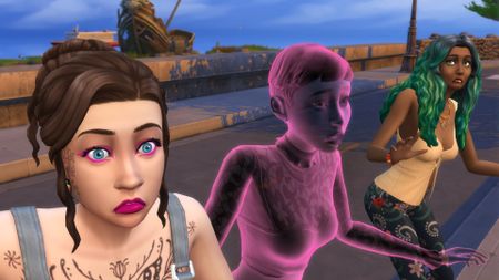 The Sims 4 Enchanted by Nature screenshot of a fairy, a ghost, and a mermaid looking scared