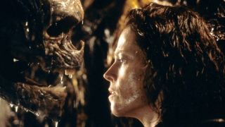 Scene from the movie Alien Resurrection. Ellen Ripley is face to face with an Alien skull.