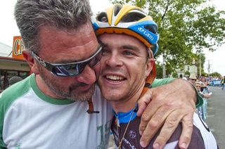 Well done son: Jack Bobridge is hugged by his dad, Karl, after winning the 2011 National Open Mens Road Race in Buninyong.