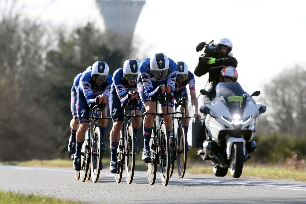 DAMPIERRE FRANCE MARCH 07 A general view of Tim Merlier of Belgium Kasper Asgreen of Denmark Rmi Cavagna of France Tim Declercq of Belgium Yves Lampaert of Belgium Mauro Schmid of Switzerland Florian Senechal of France and Team Soudal QuickStep sprint during the 81st Paris Nice 2023 Stage 3 a 322km team time trial from Dampierre en Burly to Dampierre en Burly ParisNice on March 07 2023 in Dampierre France Photo by Alex BroadwayGetty Images