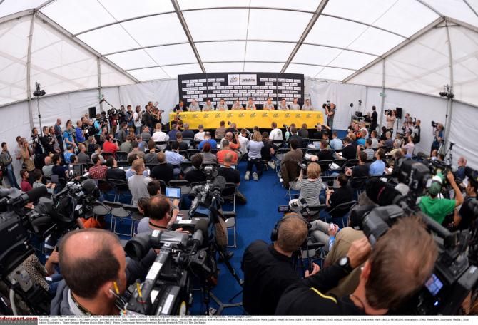 The view of the Omega Pharma-Quick Step team press conference from the back of the room