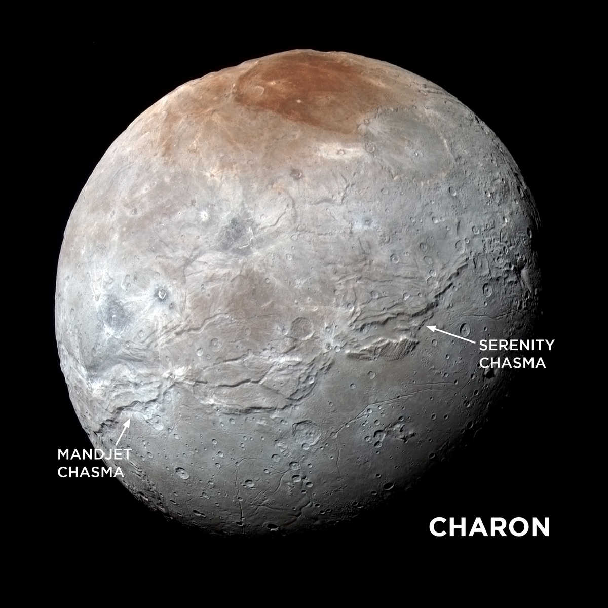 A image of Charon with labels indicating chasms in its surface that may be caused be a frozen internal ocean.