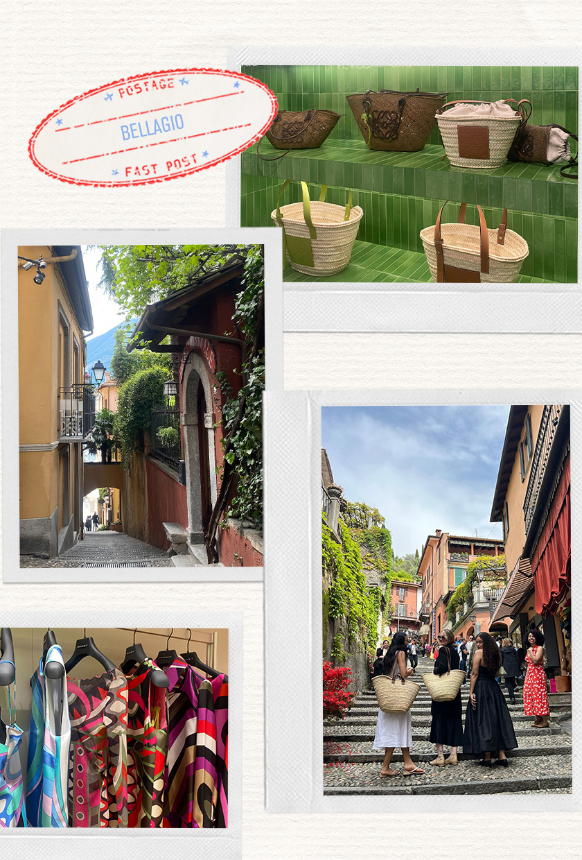 a collage of images depicting the small town Bellagio in Lake Como, which has cobbled streets and cute boutiques