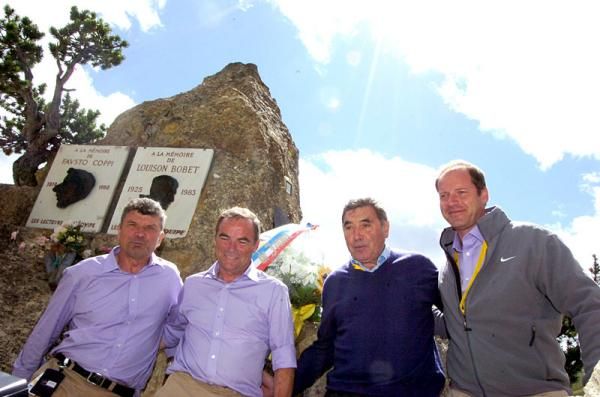 Eddie Merckx, Bernard Hinault, Bernard Thevenet and Christian Prudhomme