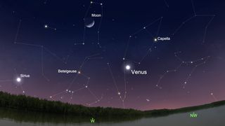 The "evening star" Venus will be at its brightest of the year on April 28, 2020. This sky chart shows where the planet will be located around 9 p.m. local time in New York City.
