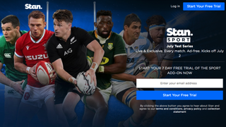 Stan Sport screenshot showing the Stan Sport homepage with 30-day free trial