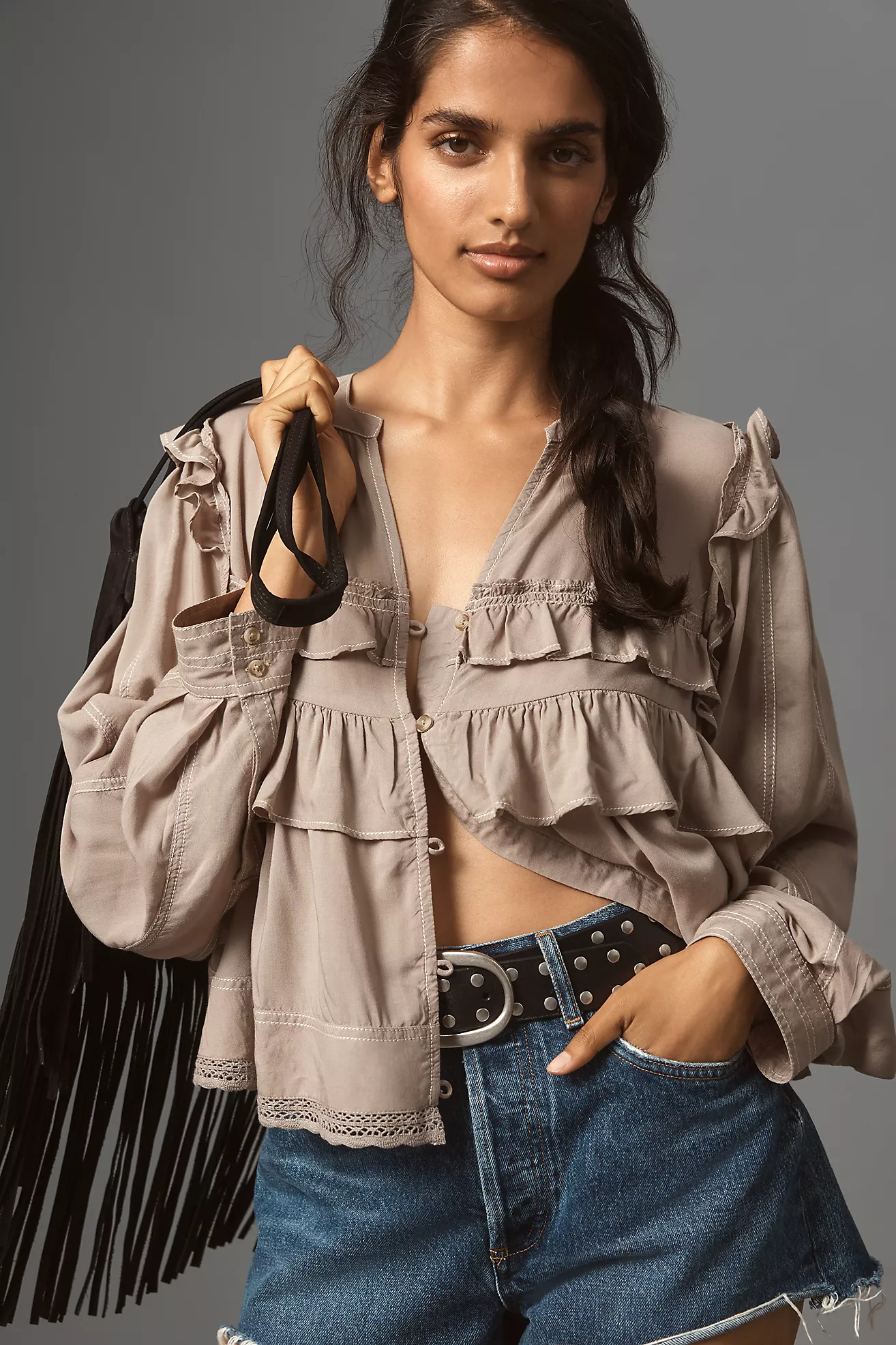 Pilcro Long-Sleeve Ruffle Swing Blouse