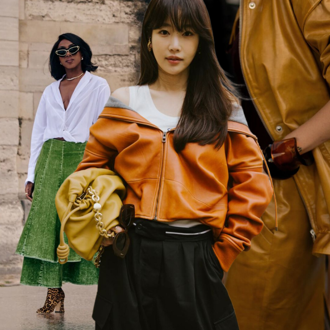 a collage of women at fashion week wearing the fall 2025 color trends, including green, orange, mustard yellow, purple, and maroon