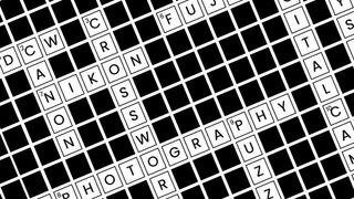 Black and white crossword tiles displaying photography-related words