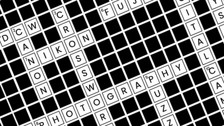 Black and white crossword tiles displaying photography-related words 