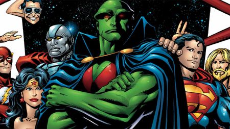 Martian Manhunter front-and-center with the Justice League including Plastic Man, Flash, Wonder Woman, Steel, Superman, and Aquaman