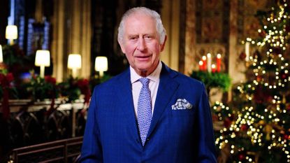King Charles III is seen during the recording of his first Christmas broadcast in the Quire of St George's Chapel 