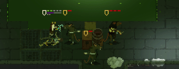 Image from videogame Shardpunk Verminfall. Pixelated heroes battle with humanoid rats.
