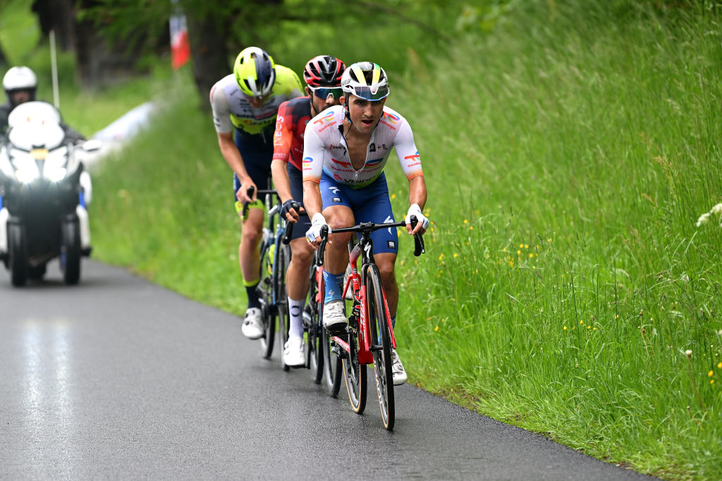 Criterium du Dauphine stage 6: the three survivors of the breakaway: Castroviejo, Zimmerman, Burgaudeau.