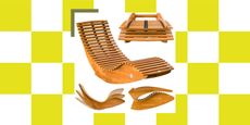 A curved sunlounger is spotlighted on a green/yellow surrounding checkered background showing various angles of how it rocks and folds