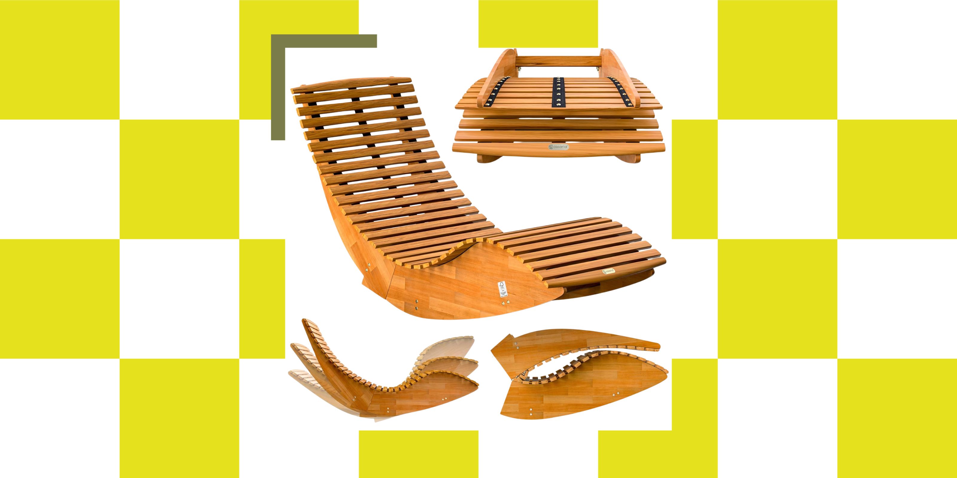 A curved sunlounger is spotlighted on a green/yellow surrounding checkered background showing various angles of how it rocks and folds