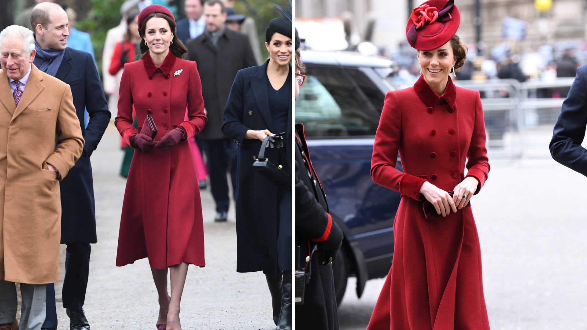 Two photos of Kate Middleton wearing the same red coat dress