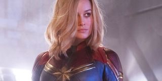 Brie Larson posing in her Captain Marvel costume in 2019 movie