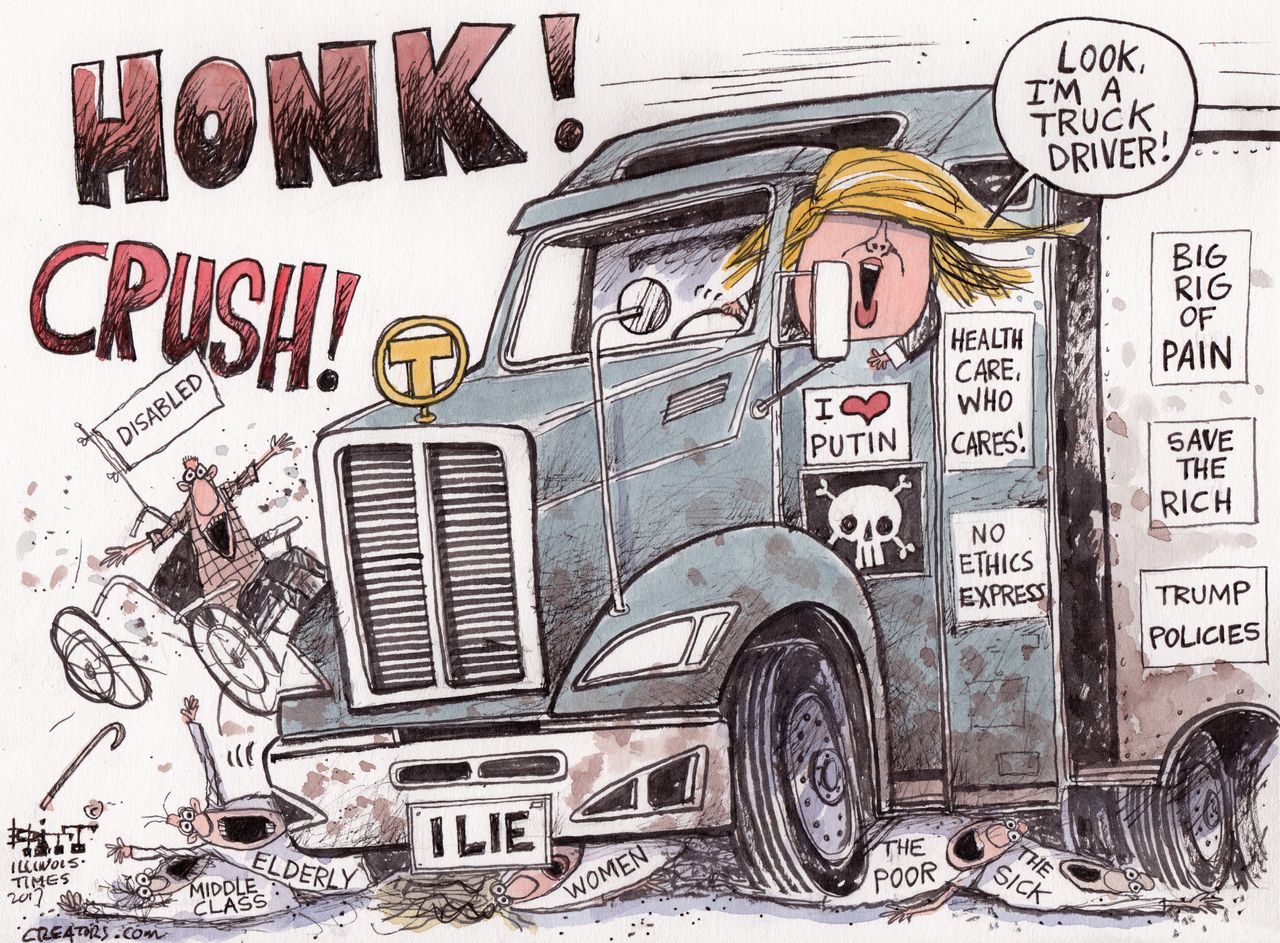 Political Cartoon U.S. President Trump saves rich runs over vulnerable poor sick disabled women